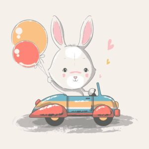 وکتور نقاشی بچه خرگوش سوار ماشین با بادکنک - وکتور تصویرسازی کودکانه از بچه خرگوش در حال رانندگی
