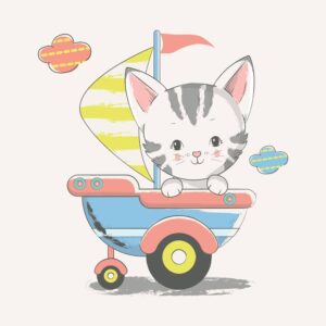 وکتور نقاشی بچه گربه داخل قایق بادبانی - وکتور تصویرسازی کودکانه از بچه گربه قایقران