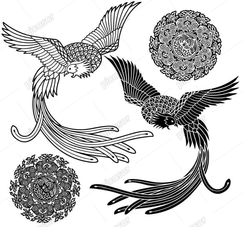 وکتور نقاشی ققنوس پرنده اسطوره ای - وکتور ققنوس طرح خطی با المانهای تزئینی
