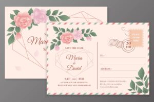 2 وکتور کارت عروسی طرح کارت پستال با قاب گلهای رنگی