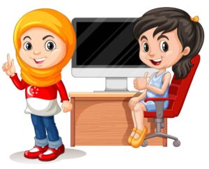وکتور کارتونی 2 دختربچه کنار میز کامپیوتر