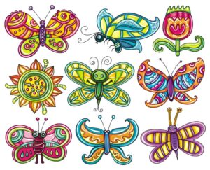 9 وکتور نقاشی پروانه فانتزی کودکانه - وکتور تصویر سازی گل و پروانه طرح نقاشی کودک