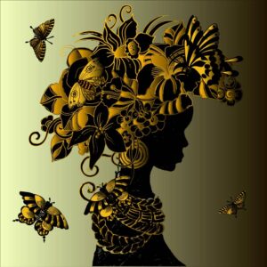وکتور هنری از زن جوان با گل و پروانه - وکتور تصویر سازی زن آفریقایی مزین با پروانه های طلایی و تاج گل