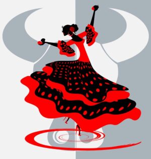 وکتور زن رقصنده فلامنکو با دامن بلند و موسیقی فلامنکو - وکتور رقص فلامنکو اسپانیایی با زمینه جمجمه گاو
