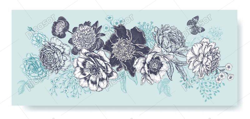 وکتور پس زمینه نقاشی گلهای آبی و مشکی - وکتور کارت زمینه گل و پروانه نقاشی شده