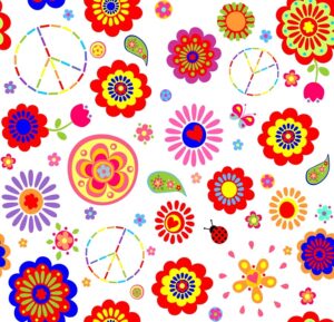 وکتور پترن کودکانه گل نماد هیپی رنگین کمانی - وکتور الگو کودکانه با المانهای نماد هیپی صلح گل