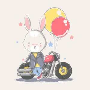 وکتور نقاشی بچه خرگوش کنار موتورسیکلت و بادکنک - وکتور تصویرسازی کودکانه از بچه خرگوش موتورسوار