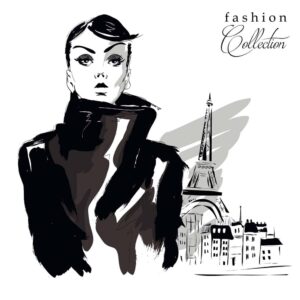 وکتور زن فشن زمینه برج ایفل شهر پاریس - وکتور پس زمینه فشن کالکشن