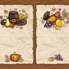 وکتور پس زمینه کودکانه از فصل پاییز روی کاغذ قدیمی با المانهای گندم و مرغ و میوه و کلاه