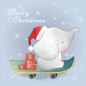 وکتور بچه فیل روی اسکیت برد با هدیه کریسمس - وکتور تصویرسازی کودکانه از کریسمس با بچه فیل و جعبه های هدیه کریسمس