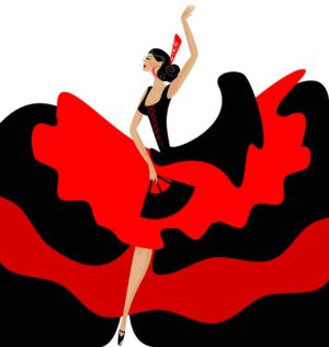 وکتور زن رقصنده فلامنکو با دامن بلند و موسیقی فلامنکو - وکتور رقص فلامنکو اسپانیایی