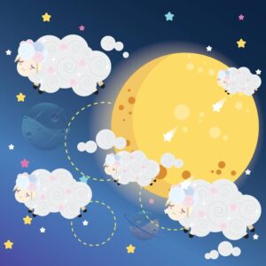وکتور ابر شکل گوسفند با ماه در آسمان شب طرح کارتونی