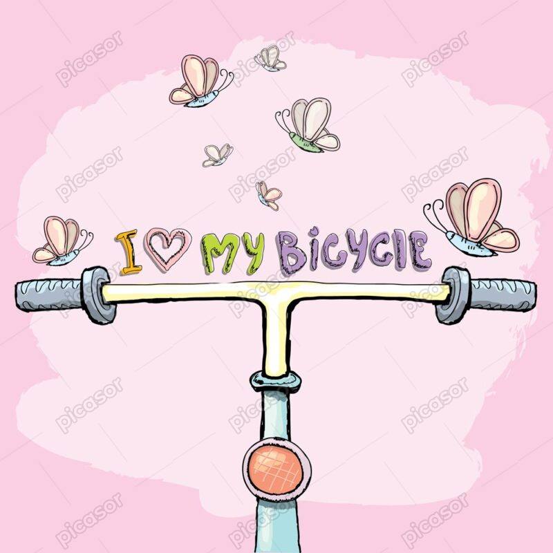 وکتور دوچرخه و پروانه نقاشی کودک دوچرخه از روبرو - وکتور نقاشی فرمان دوچرخه با پروانه نقاشی کودکانه