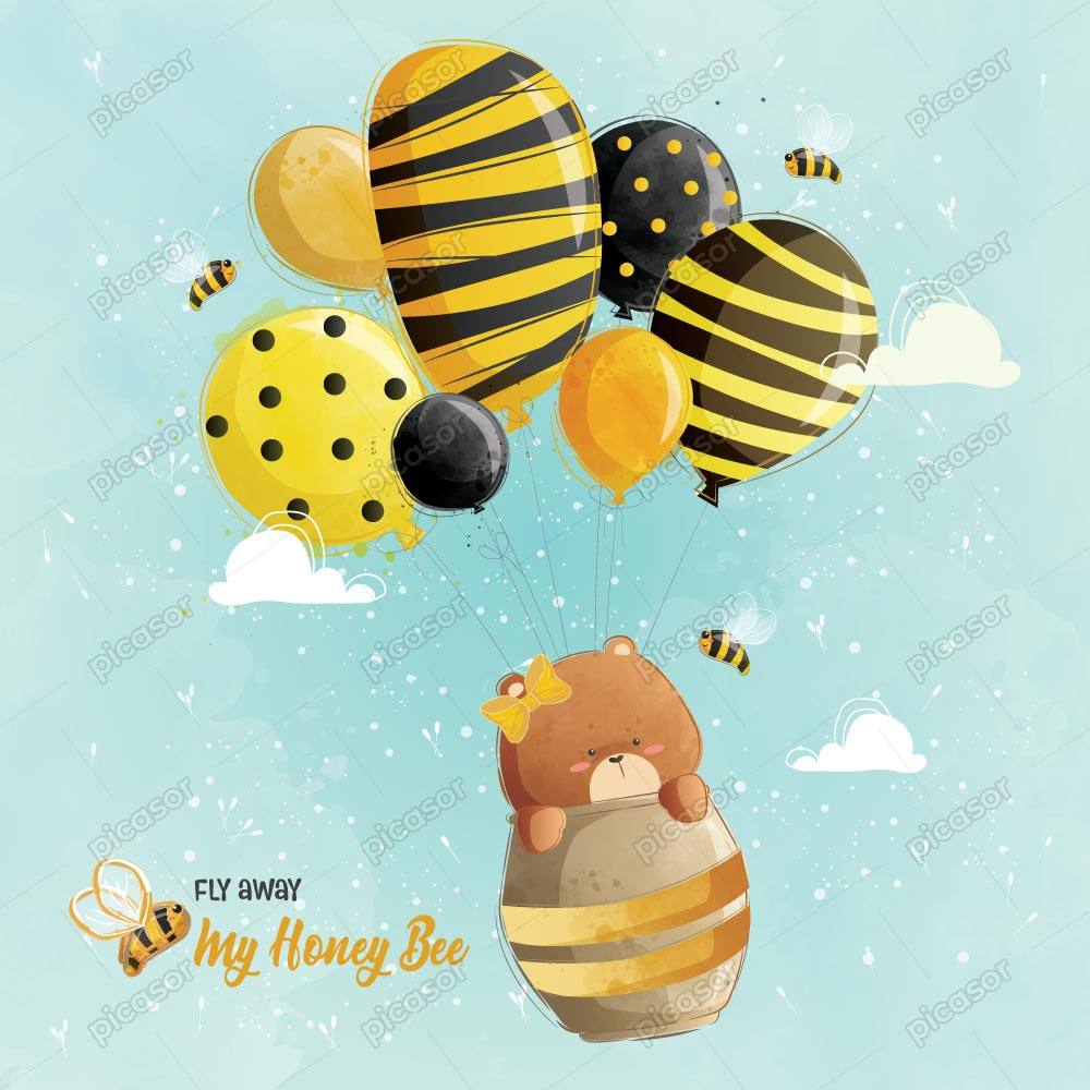 وکتور بچه خرس سوار بالن عسلی – وکتور تصویرسازی کودکانه از تدی بر سوار بالن با بادکنهای طرح زنبور عسل
