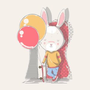 وکتور نقاشی بچه خرگوش با اسکیت برد و بادکنک کنار دیوار - وکتور تصویرسازی کودکانه از بچه خرگوش با اسکیت برد