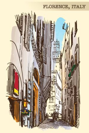 وکتور تابلو نقاشی شهر فلورانس ایتالیا - وکتور ساختمان و شهر قدیمی فلورانس نقاشی