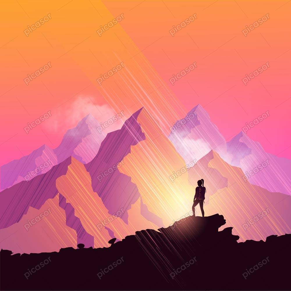 وکتور کوهنورد دختر جوان بر بالای کوه در غروب آفتاب – وکتور پس زمینه کوهنورد زن در غروب خورشید
