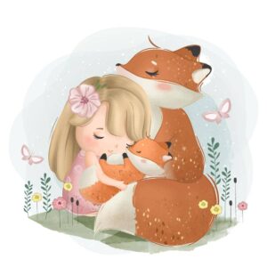 وکتور روباه و دختربچه و بچه روباه کنارهم طرح نقاشی کارتونی - وکتور تصویرسازی کودکانه از دختربچه و روباه