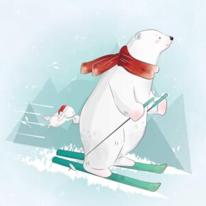 وکتور خرس قطبی در حال اسکی با بچه خرگوش طرح نقاشی کارتونی - وکتور تصویرسازی کودکانه از خرس قطبی و بچه خرگوش