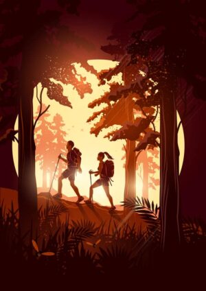 وکتور پیاده روی در جنگل با زن و مرد طبیعتگرد - وکتور زن و مرد در حال کمپ در جنگل