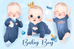 3 وکتور نوزاد پسر و شیشه شیر و پستانک - وکتور تصویرسازی کودکانه از نوزاد پسر با شیشه شیر و پستانک