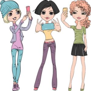 3 وکتور دخترهای فشن در حال سلفی گرفتن با موبایل