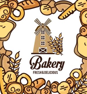 وکتور لوگو آسیاب بادی و خوشه گندم با قاب نان - وکتور لیبل لوگو محصولات کیک و انواع نان