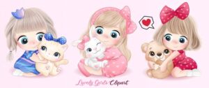 3 وکتور دختر بچه با گربه خرگوش تدی بر - وکتور تصویرسازی کودکانه از دختر بچه ها کنار حیوانات