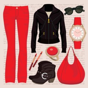 وکتور ست قرمز و مشکی لباس دخترانه - وکتور شلوار دخترانه کاپشن کیف و کفش و ساعت استایل دخترانه