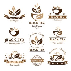 9 وکتور لیبل برگ چای سیاه لوگو چای