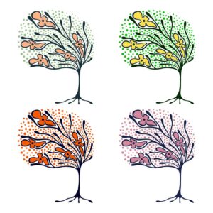 وکتور درخت با گل و نقطه نقاشی شده در 4 ترکیب رنگی