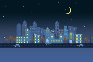 وکتور شهر کارتونی در شب با ساختمانهای کاغذی - وکتور نمای شهر کاغذی کارتونی