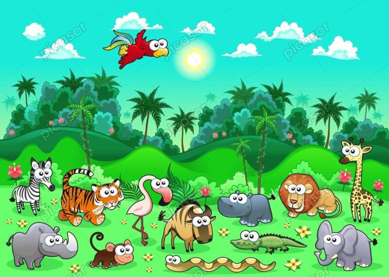 وکتور حیوانات کارتونی در جنگل - وکتور تصویرسازی کارتونی از حیوانات در جنگل