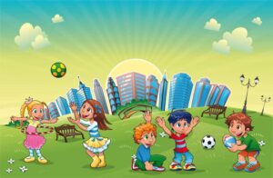 وکتور کارتونی بچه ها در حال توپ بازی - وکتور دختر و پسر در حال بازی در چمن پارک