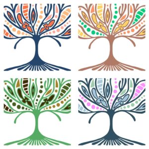 وکتور درخت در قاب مربعی نقاشی شده با برگ و گل طرح انتزاعی در 4 ترکیب رنگی