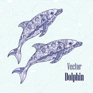 2 وکتور دلفین زینتی منقش زمینه موجی دریا - وکتور نقاشی حیوانات سبک قبیله ای و قومی