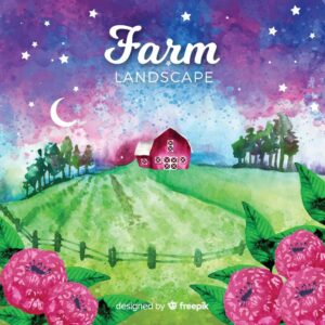 وکتور نقاشی مزرعه و روستا در شب با آبرنگ با گلهای قرمز - وکتور پس زمینه روستا و مزرعه آبرنگی هنگام شب با گلهای قرمز