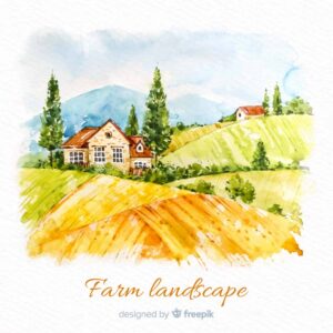 وکتور نقاشی چشم انداز روستا و مزرعه با آبرنگ - وکتور پس زمینه مزرعه و روستا آبرنگی در پاییز