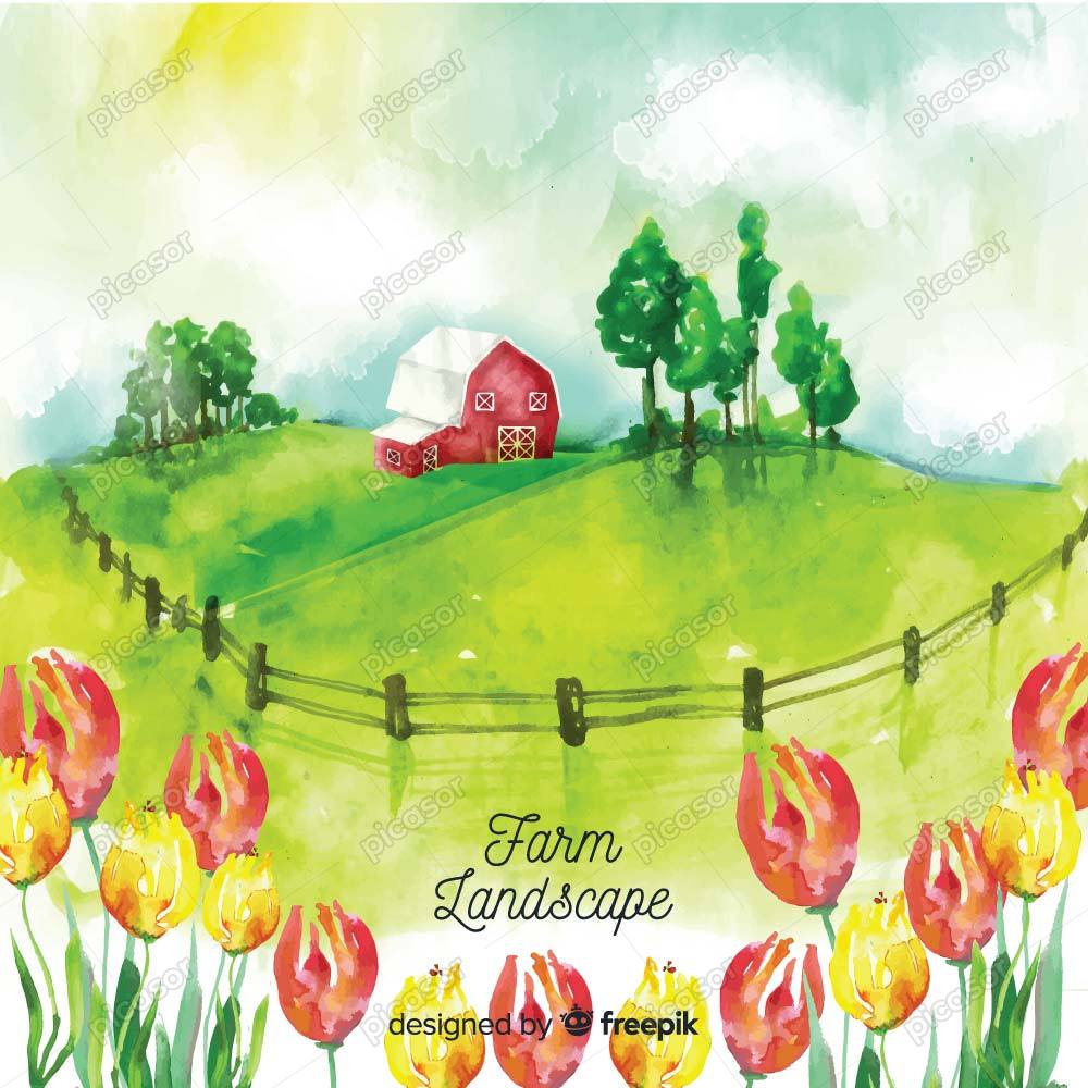 وکتور نقاشی مزرعه با آبرنگ – وکتور پس زمینه روستا و مزرعه آبرنگی در بهار