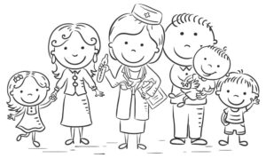 وکتور پزشک کودکان و خانواده نقاشی کودکانه - وکتور خطی از خانواده کنار پزشک