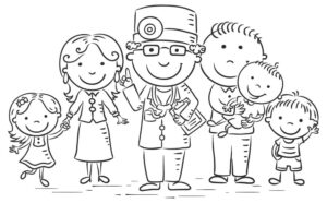 وکتور پزشک و خانواده نقاشی کودکانه - وکتور خطی از خانواده کنار پزشک