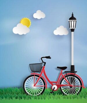 وکتور دوچرخه در پارک و آسمان آبی طرح کارتونی