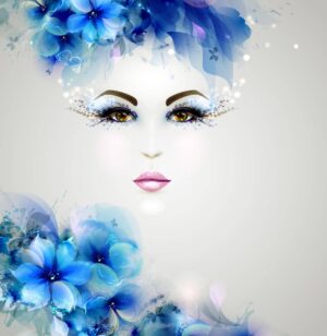 وکتور صورت زن جوان میان گلهای آبی - وکتور زن زیبا با گل