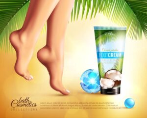 وکتور کرم پا محصولات آرایشی بهداشتی زنانه - وکتور مراقبت از پوست پا با کرم نارگیل