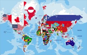 وکتور نقشه جهان با پرچم کشورها - نقشه جغرافیایی اطلس جهان