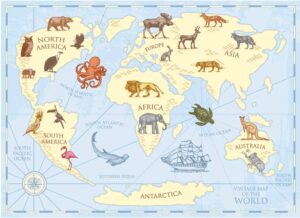 وکتور نقشه جهان با حیوانات معروف هر قاره - نقشه جغرافیایی اطلس جهان