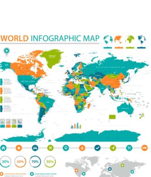 وکتور اینفوگرافیک نقشه و اطلس جهان - اینفوگرافی نقشه جغرافیایی جهان