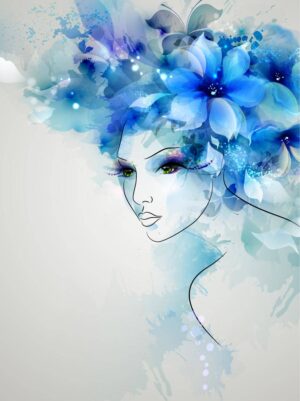 وکتور نقاشی آبرنگی زن میان گلهای آبی - وکتور زن زیبا با گل
