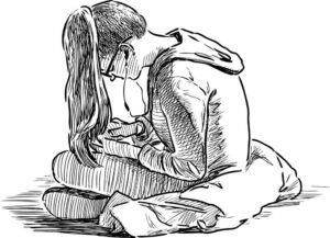 وکتور نقاشی دختر جوان و ایرفون در گوش با موبایل طرح اسکچ
