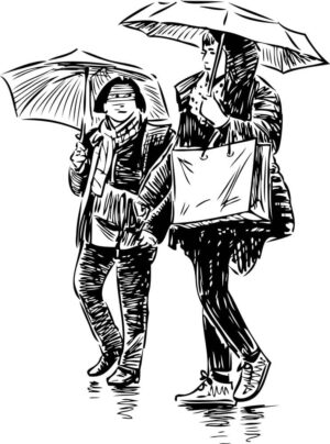 وکتور نقاشی 2 دختر با چتر زیر باران کنار هم طرح اسکچ
